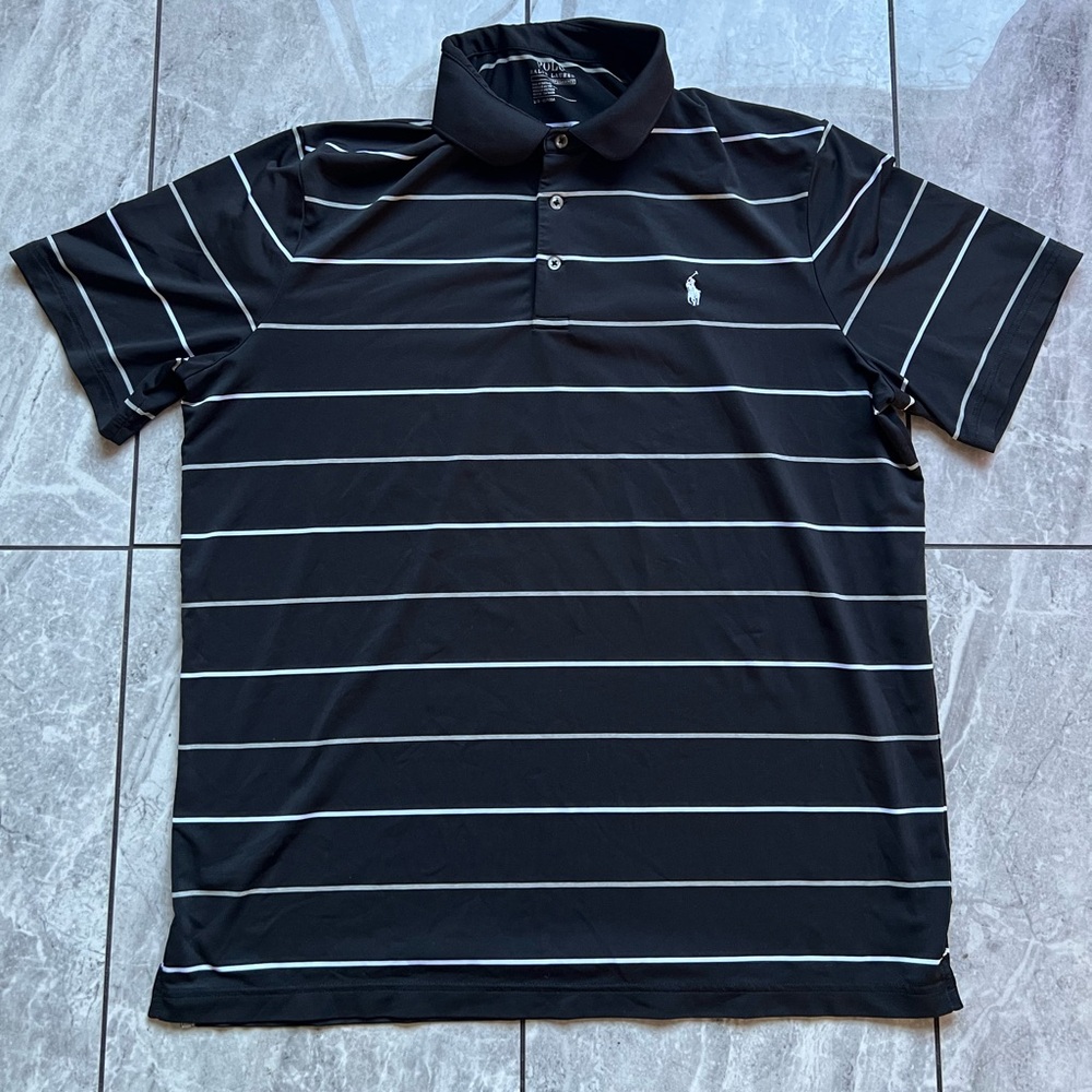 Polo Ralph Lauren Mens Performance Black/White Stipe Short Sleeve Polo Shirt L